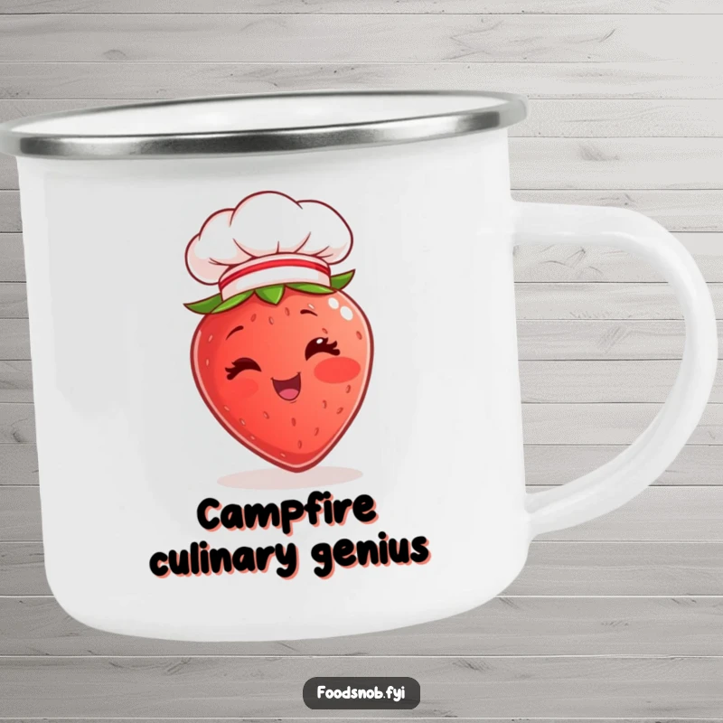 Funny Camping Mug showing a cheerful strawberry character winking and wearing a miniature chef hat, perfect for outdoor use and a good laugh.
