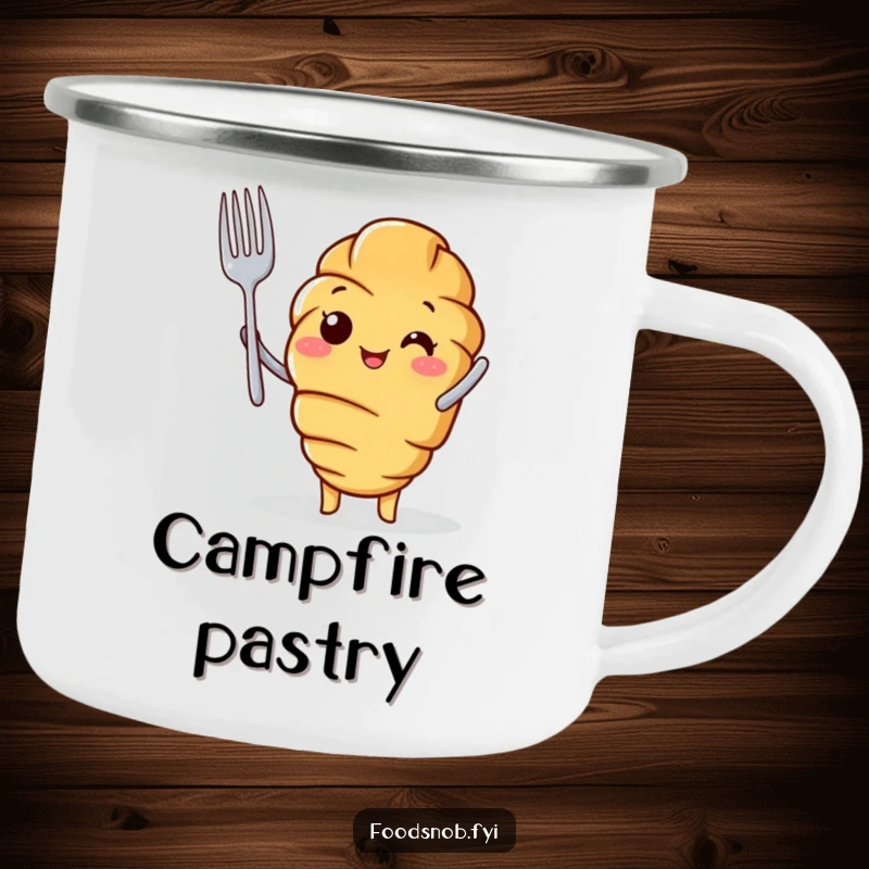 Funny Camping Mug with a croissant character holding a tiny fork aloft. Perfect for morning brews.