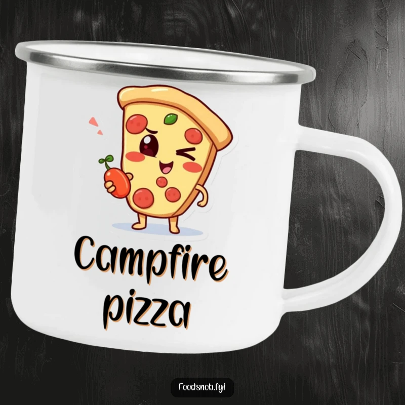 Funny camping mug with a mischievous pizza slice character winking with a small pepperoncini, for outdoor use.