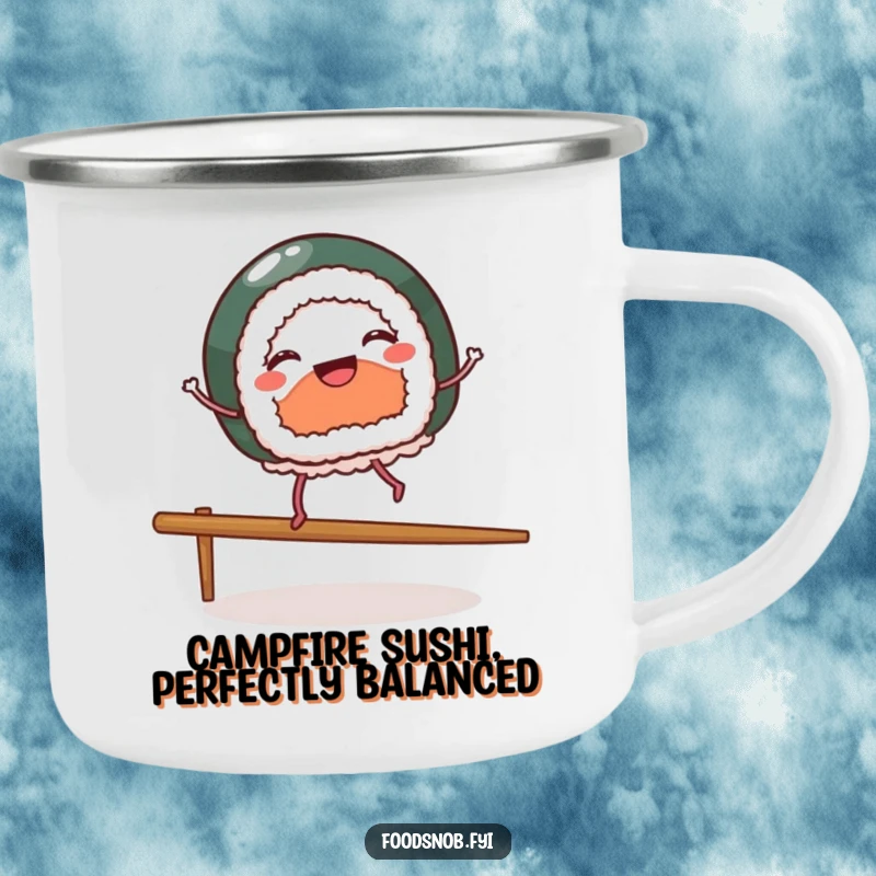 Funny enamel camping mug featuring a cheerful sushi piece with tiny legs dancing on a chopstick, perfect for outdoor food-themed adventures.