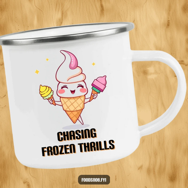 Funny giggling ice cream cone character juggling colorful cones on this durable camping mug, bringing joy to outdoor enthusiasts.