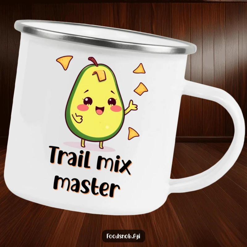 Funny Avocado Camping Mug: A cheeky avocado juggles tiny tortilla chips, ready for outdoor adventures with a happy grin.