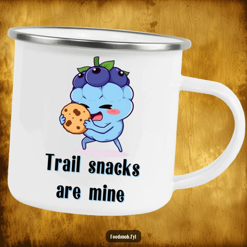 Funny camping mug featuring a blueberry character stealing a cookie, perfect for outdoor fun and jokes.