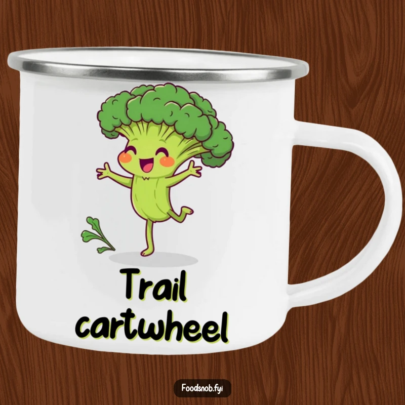Funny camping mug of a joyful broccoli character hilariously attempting a cartwheel, perfect for enjoying beverages outdoors with humorous effort.