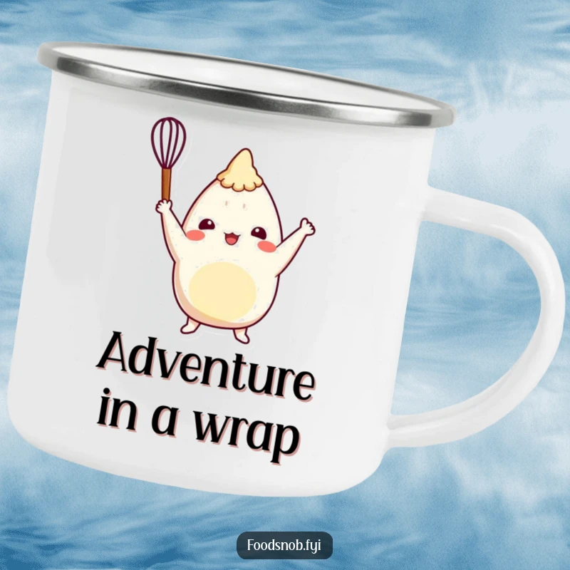 Funny burrito camping mug featuring a cheerful character triumphantly raising a tiny whisk, ideal for outdoor culinary fun.