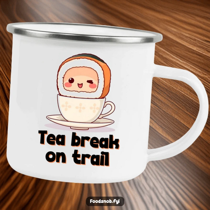 Funny Camping Mug showing a happy sushi slice precariously balancing a miniature teacup, perfect for outdoor use and a good laugh.