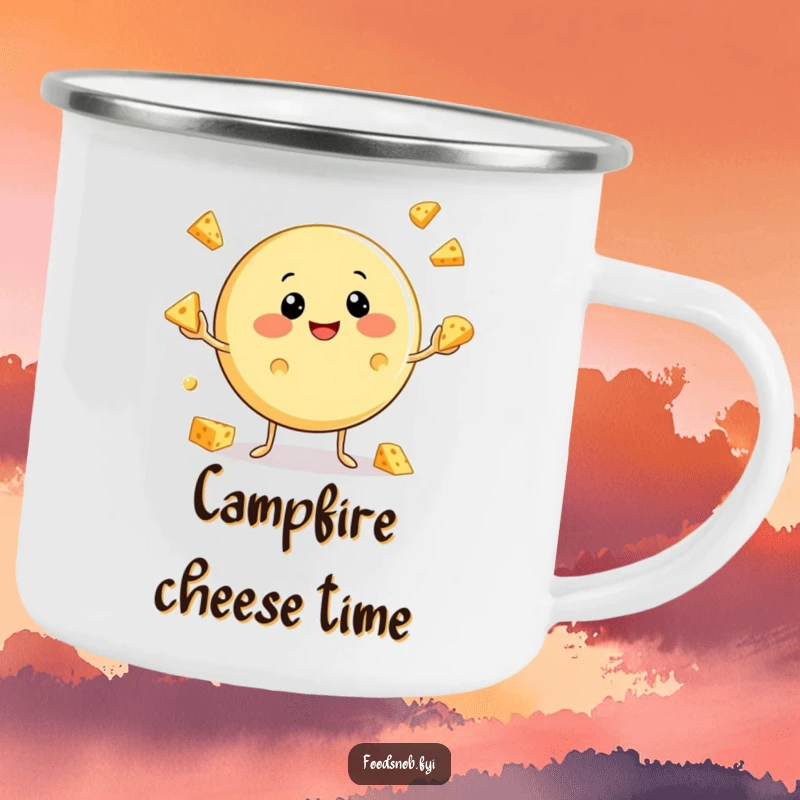 Funny Cheese Camping Mug: An outdoor mug featuring a contented cheese character juggling small cheese wedges, ideal for campfire humor.