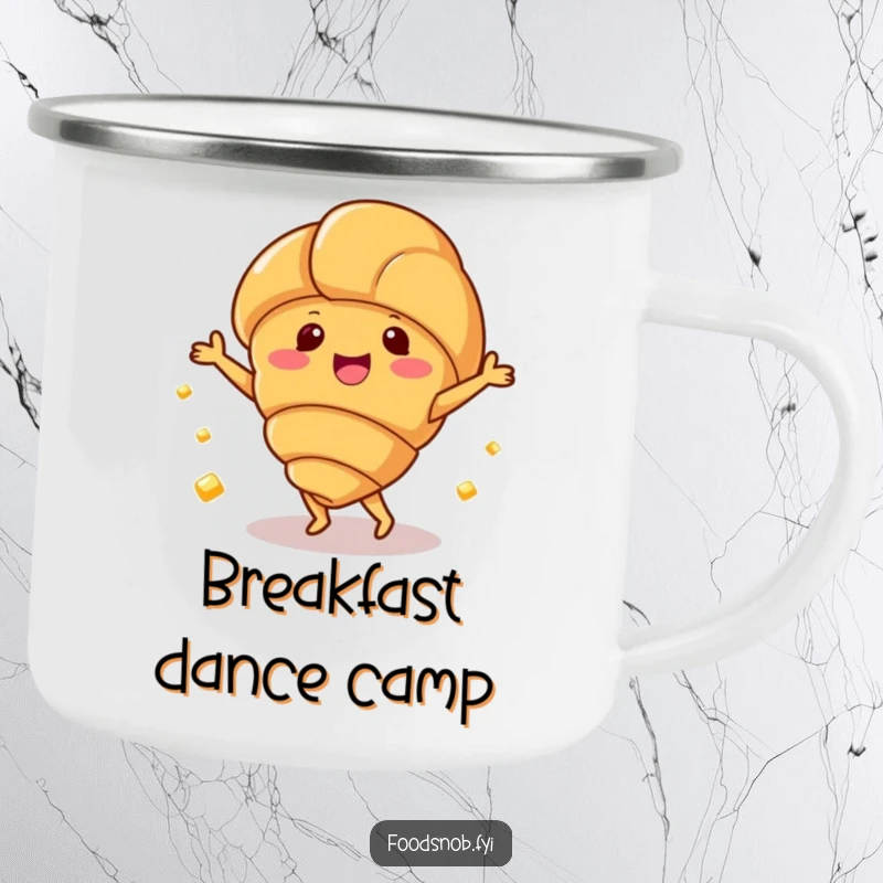 Funny camping mug with a happy croissant character dancing with small butter pats, for outdoor use.