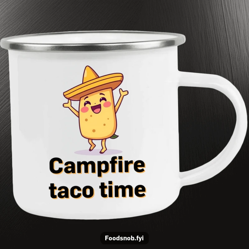 Funny joyful taco character dancing in a sombrero on this durable camping mug, perfect for outdoor festivities.