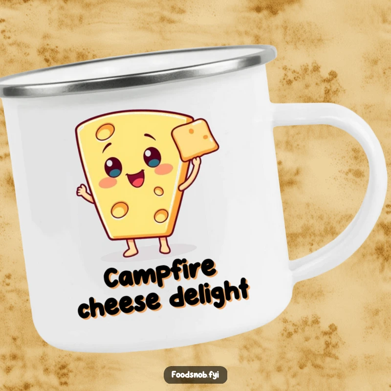 Funny camping mug with a cheerful cheese wedge character presenting a tiny cracker with a flourish, perfect for gourmet outdoor enjoyment.