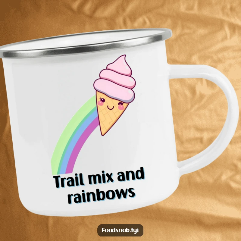 Funny camping mug with a smiling kawaii ice cream cone sliding down a vibrant rainbow, perfect for outdoor enjoyment and happy moments.