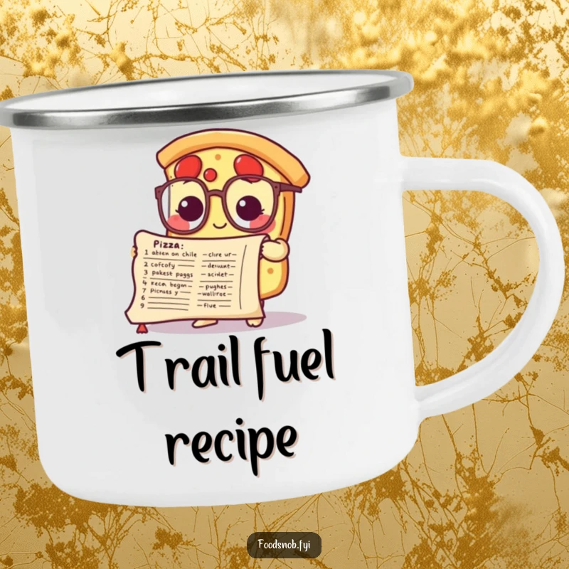 Funny camping mug with a cute pizza slice character in tiny glasses studying a recipe scroll, perfect for outdoor smarts.