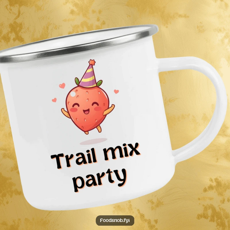 Funny Camping Mug: A rugged mug featuring a delighted strawberry spinning with a tiny party hat, bringing festive humor to outdoor drinks.
