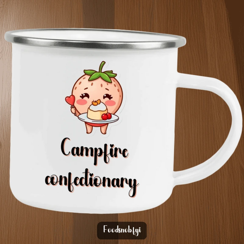 Funny blushing strawberry character proudly presenting a tiny, perfectly plated dessert on a durable camping mug.
