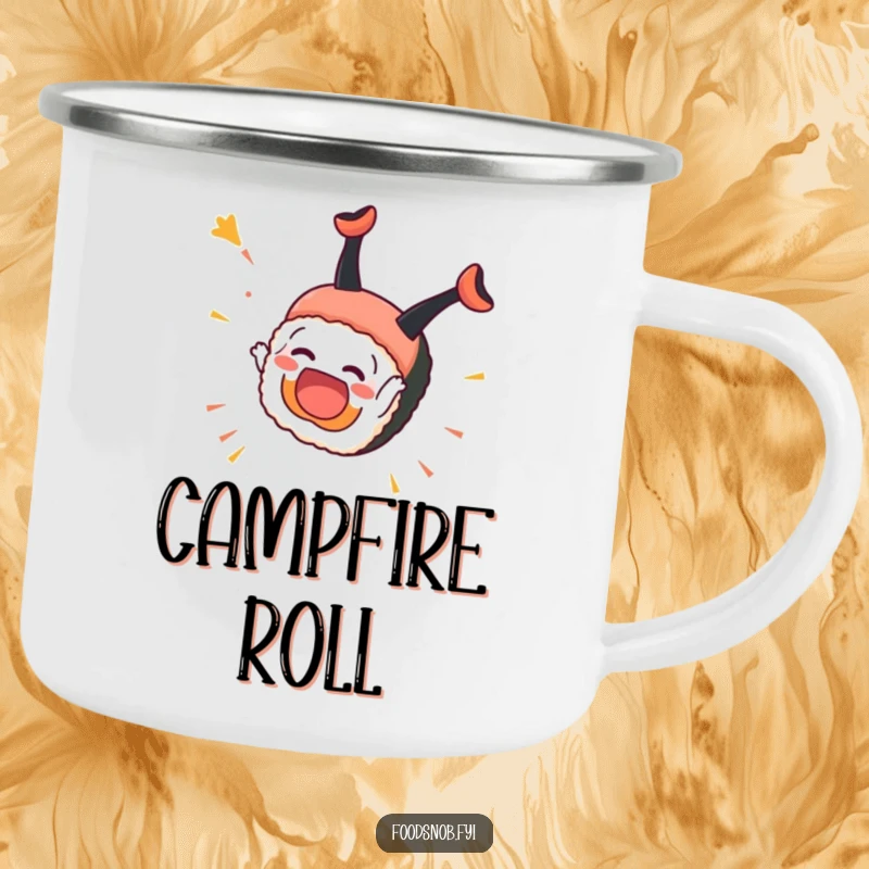 Funny Sushi Camping Mug: An overjoyed sushi piece performs a somersault, ready for outdoor adventures with a happy twist.