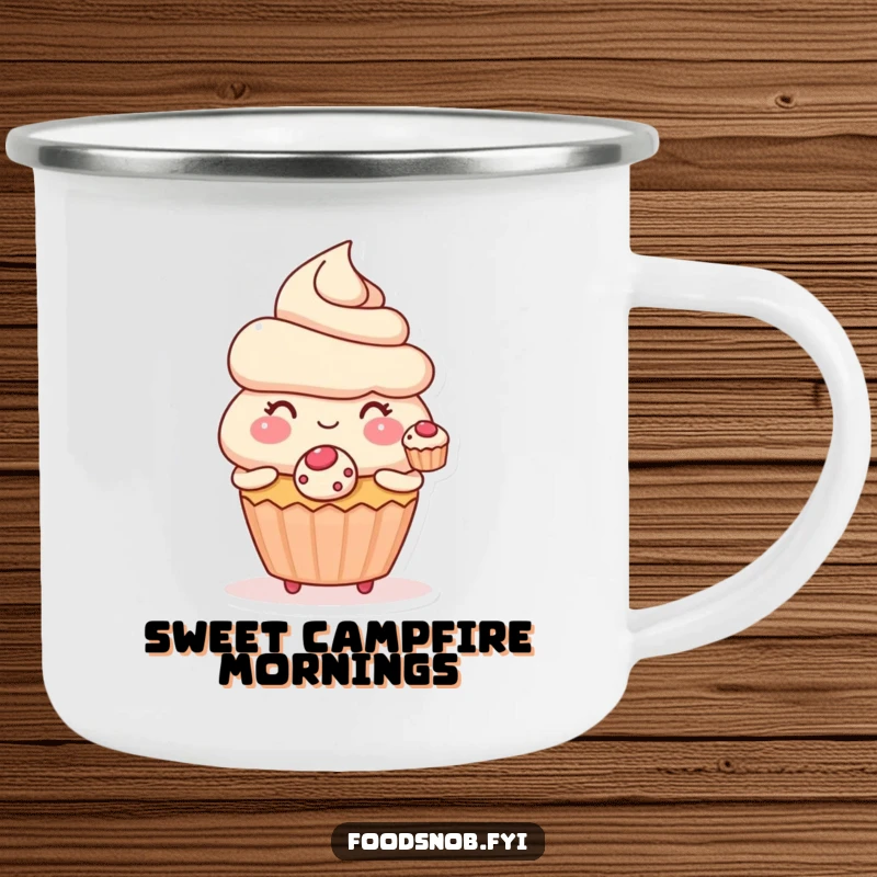 Funny camping mug with a blushing cupcake character offering a miniature pastry, perfect for sweet and humorous outdoor enjoyment.