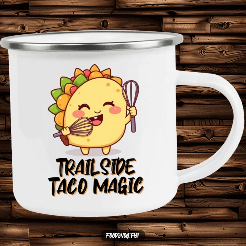 Funny enamel camping mug, a smiling taco character winking while holding a tiny whisk, perfect for outdoor use.
