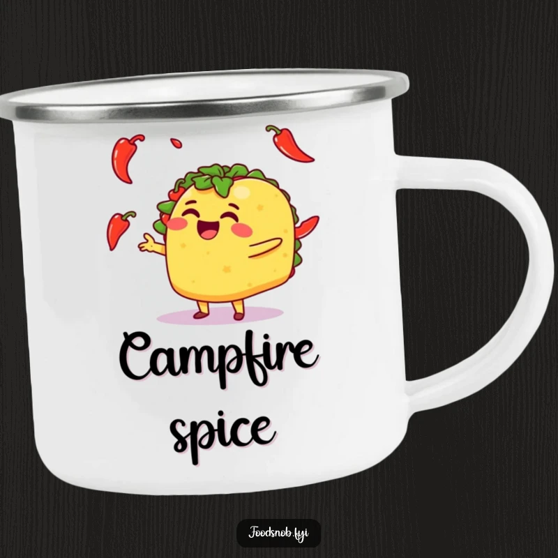 Funny camping mug featuring a cheerful taco character juggling fiery chili peppers, designed for outdoor enthusiasts.