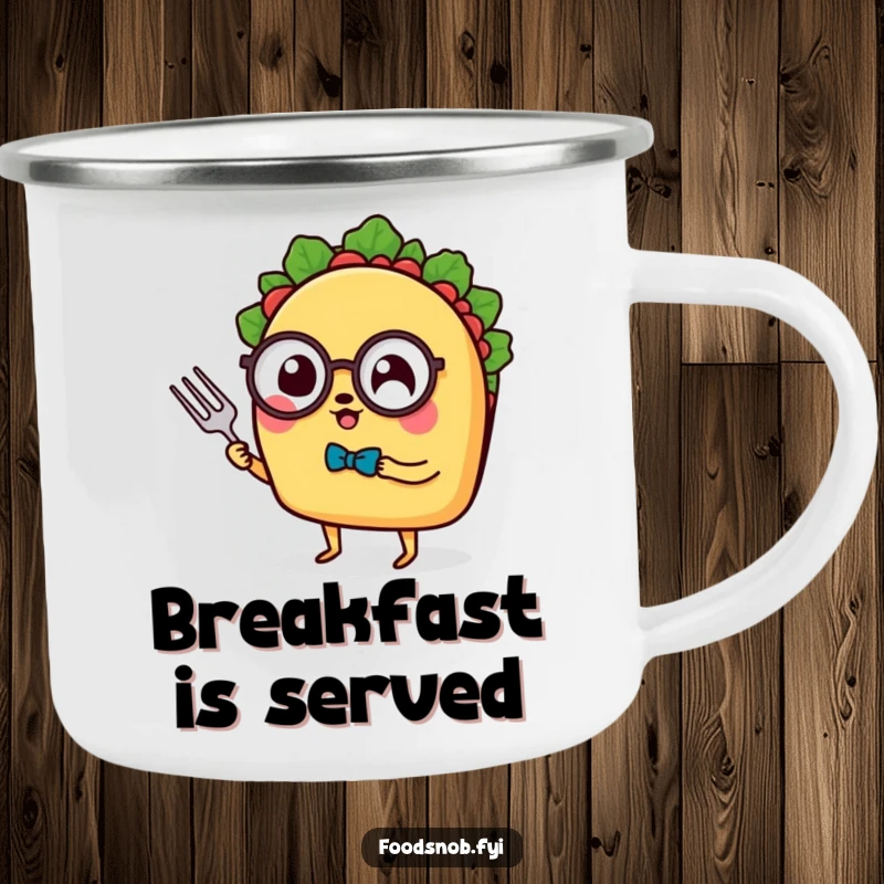 Funny Camping Mug: A sophisticated taco with tiny legs, monocle, and fork, enjoying the outdoors, perfect for a funny gift.