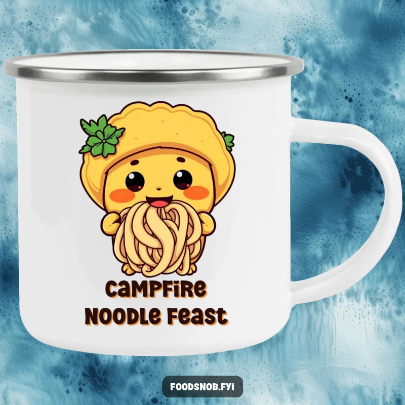 Funny taco noodle camping mug featuring a character happily slurping a giant noodle, ideal for outdoor foodie fun.