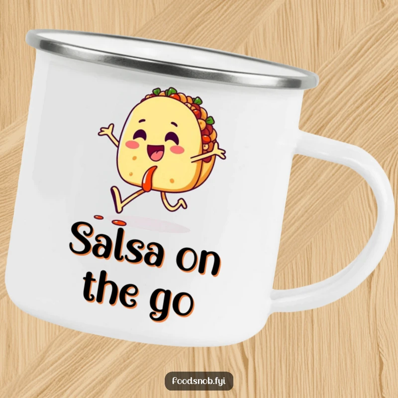 Funny camping mug showcasing a happy taco character skipping with salsa, ideal for enjoying drinks outdoors with a humorous twist.