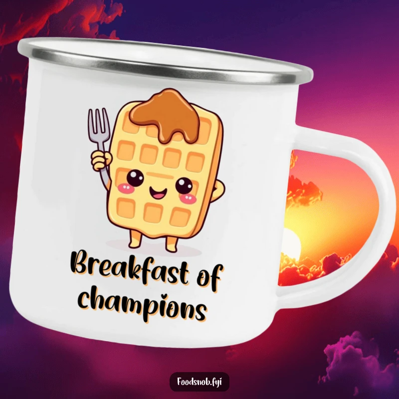 Funny enamel camping mug with a cheerful waffle character pointing upwards with a fork, ideal for outdoor enjoyment.