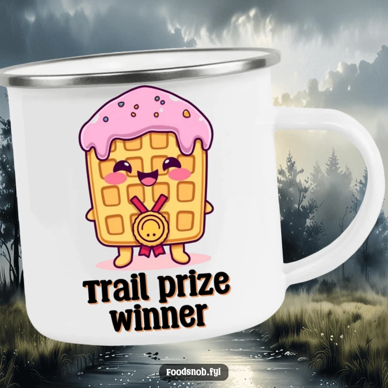 Funny Camping Mug: A proud waffle receiving a tiny medal, perfect for outdoor celebrations and humor, funny gift.