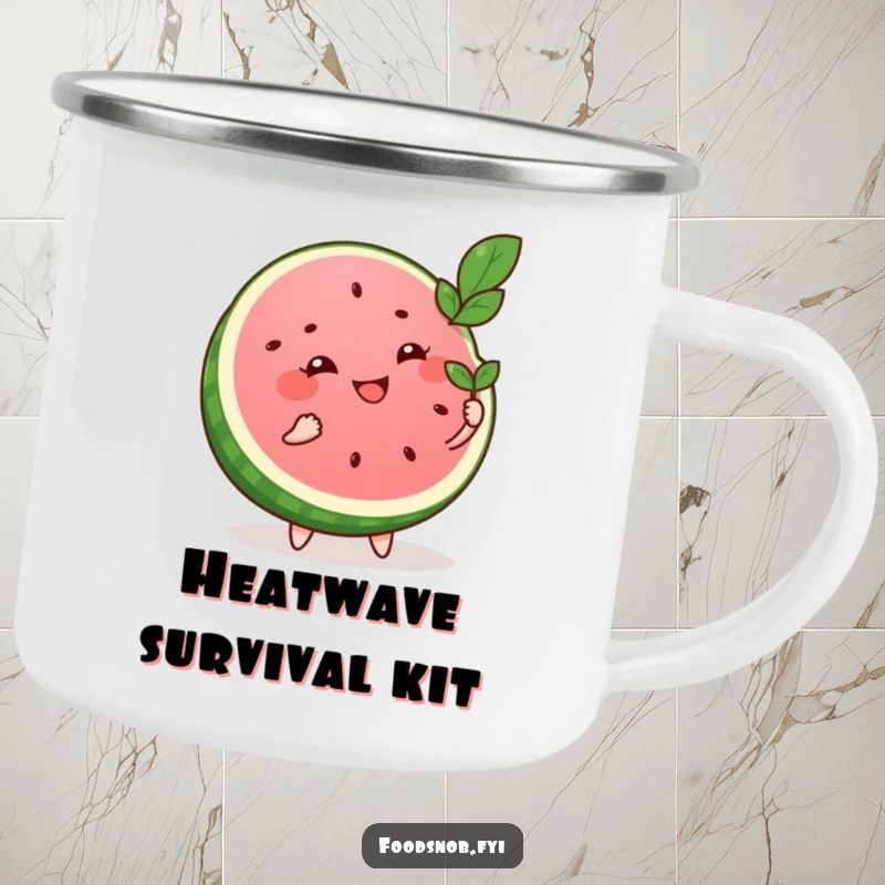 Funny camping mug featuring a smiling watermelon slice character fanning itself with a tiny leaf, perfect for outdoor enjoyment with humor.