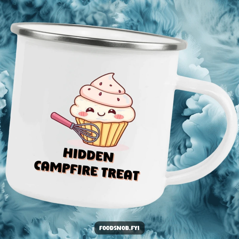 Funny camping mug of a giggling cupcake character playfully hiding behind a tiny whisk, perfect for enjoying beverages outdoors with humorous sweetness.