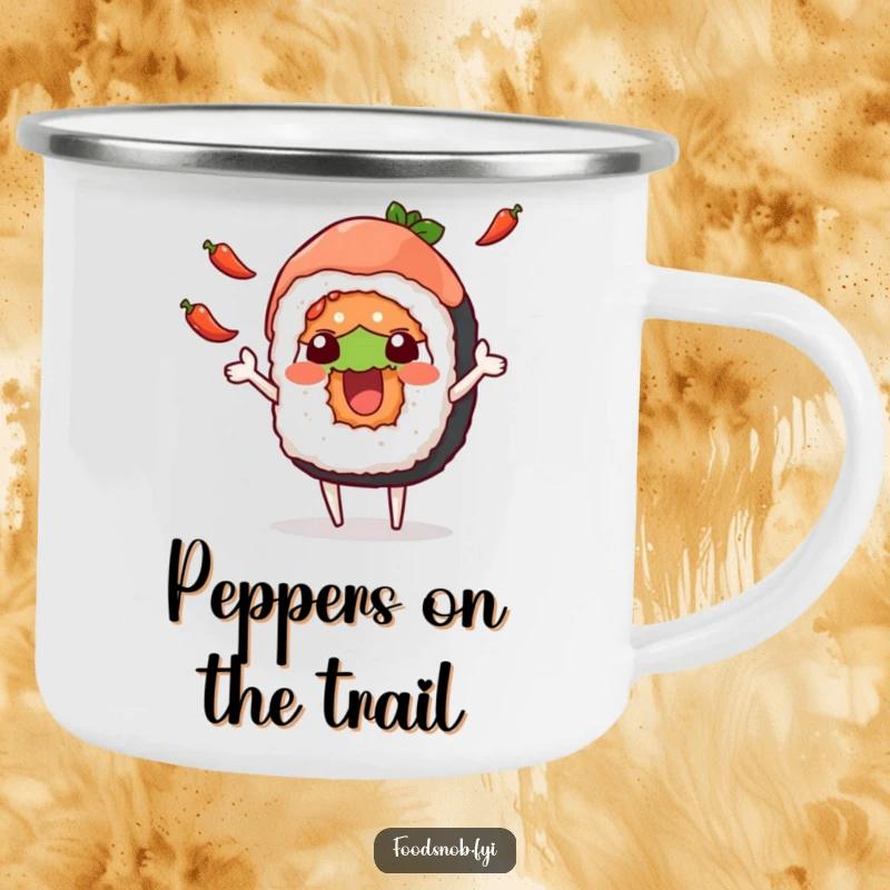 Funny camping mug featuring a happy sushi roll character juggling small chili peppers, perfect for outdoor excursions with humor.
