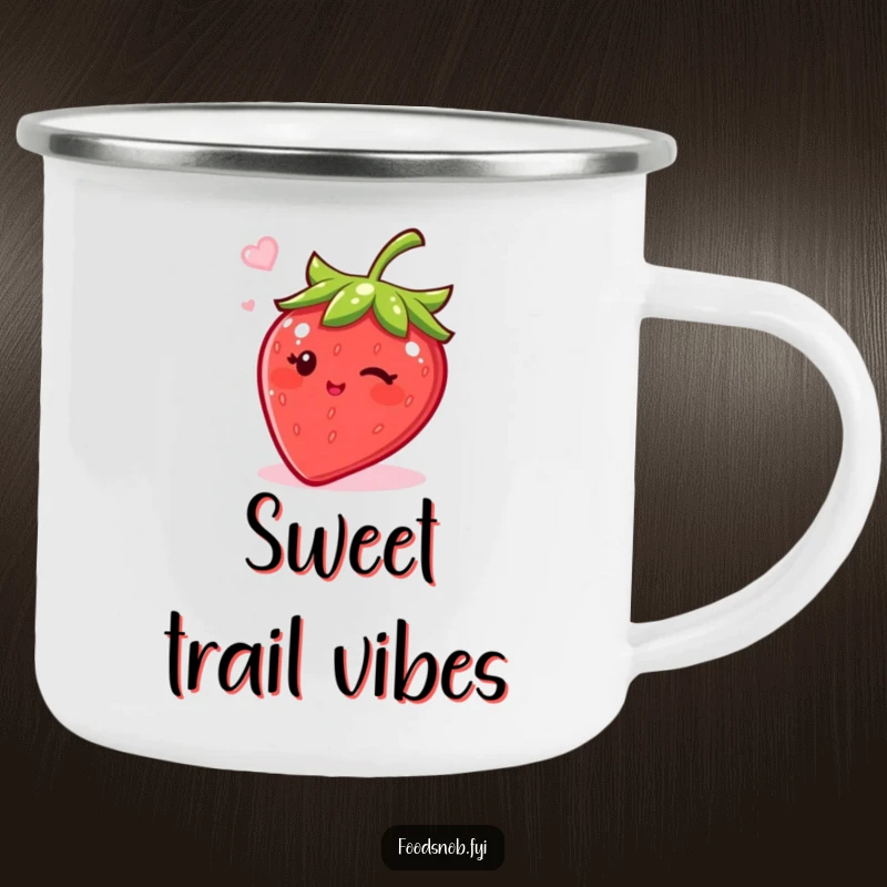 Funny camping mug with a bubbly strawberry character winking and sugar, perfect for outdoor adventures and humorous gifts.
