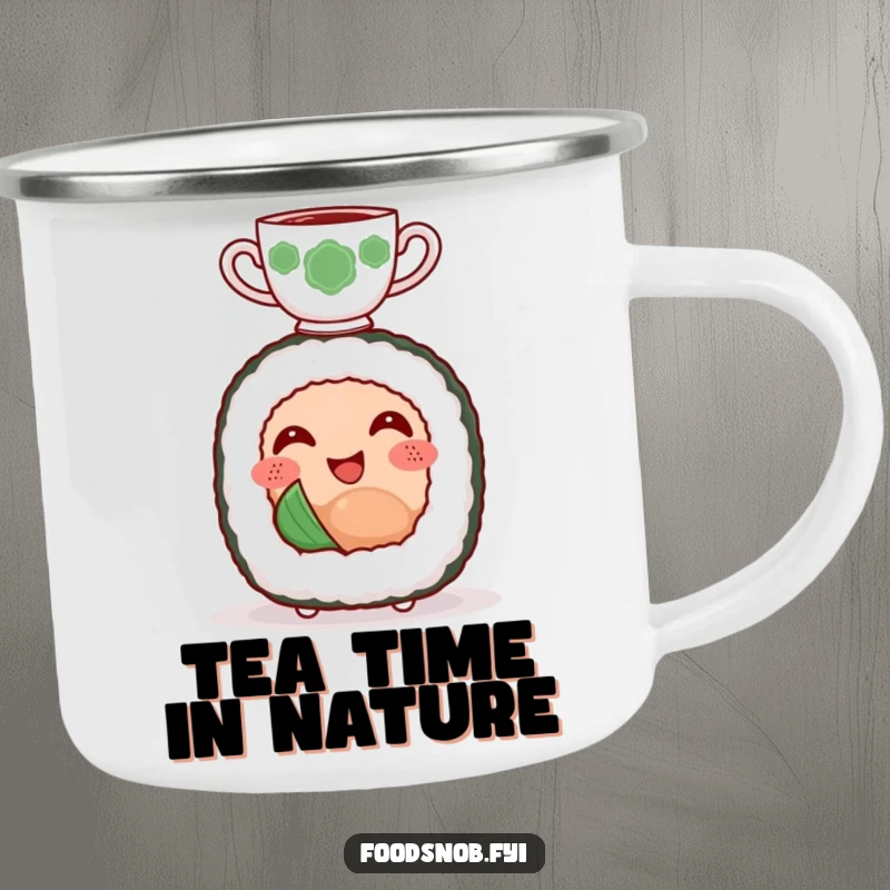 Funny camping mug showing a smiling sushi roll character happily balancing a tiny teacup on its head.