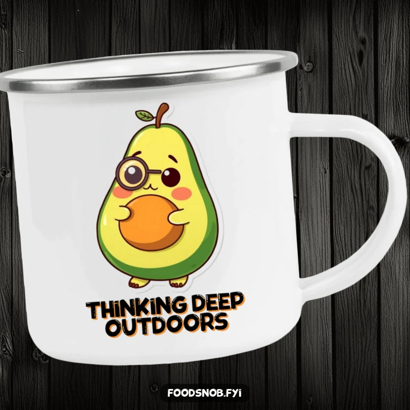 Funny enamel camping mug, a plump avocado character with a tiny monocle, looking thoughtful, perfect for outdoor use.