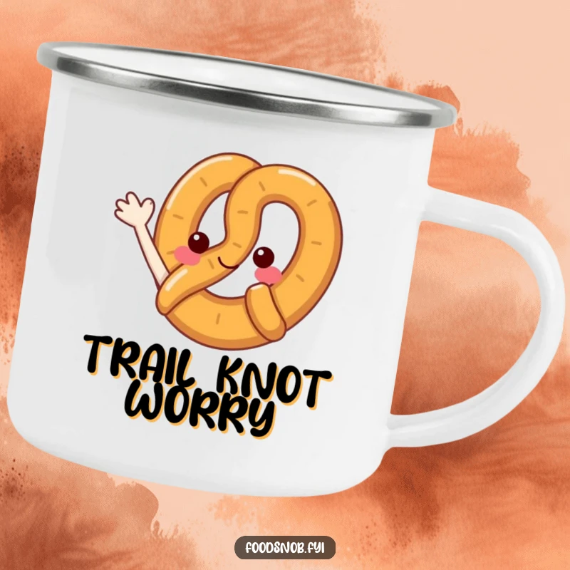 Funny pretzel camping mug with a cheerful pretzel waving its loop, designed for outdoor use and portable humor.