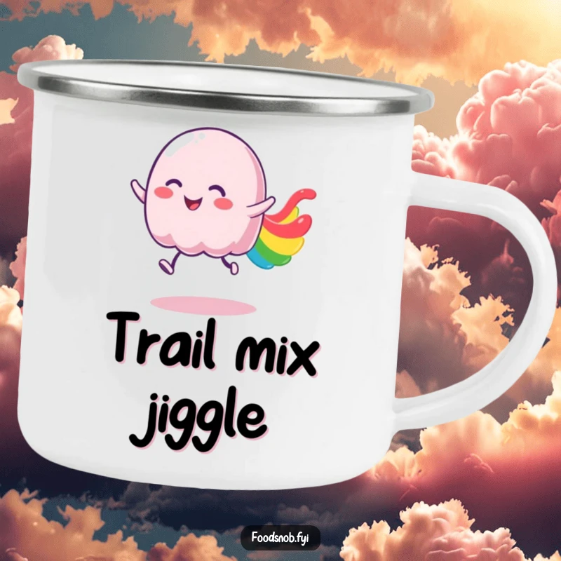 Funny jelly camping mug featuring a wobbly character bouncing with joy, leaving a colorful trail for outdoor enjoyment.