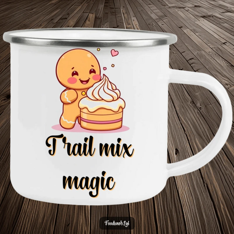 Funny enamel camping mug featuring a gleeful gingerbread man character sprinkling icing onto a tiny cake, perfect for outdoor baking joy.