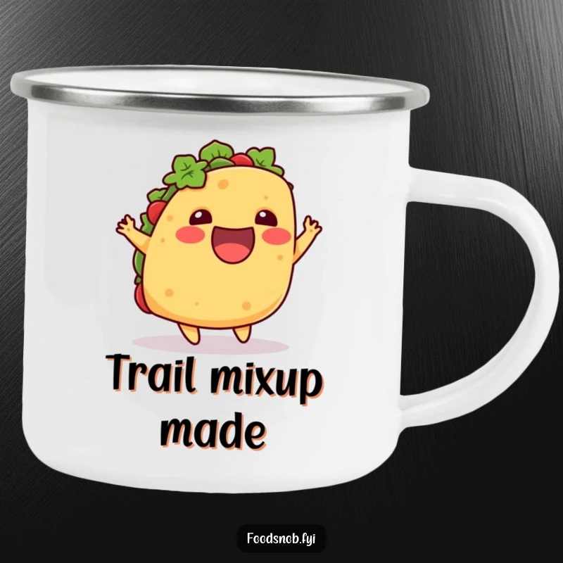 Funny camping mug with an excited taco doing a playful little hop upwards, perfect for outdoor sips with a humorous food theme.