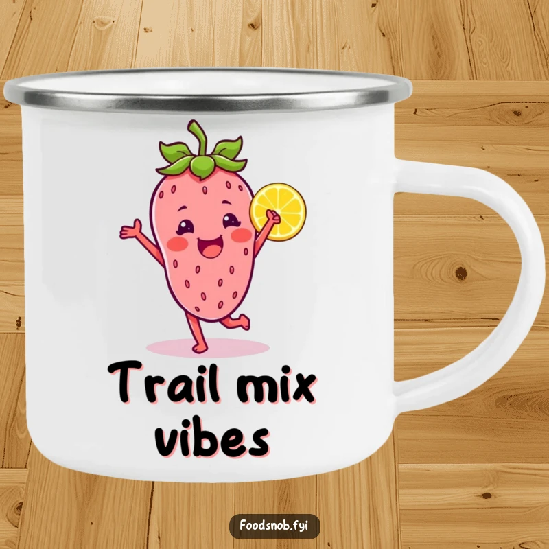 Funny camping mug with a strawberry character dancing with a lemon wedge, perfect for outdoor fun and a cheerful start.