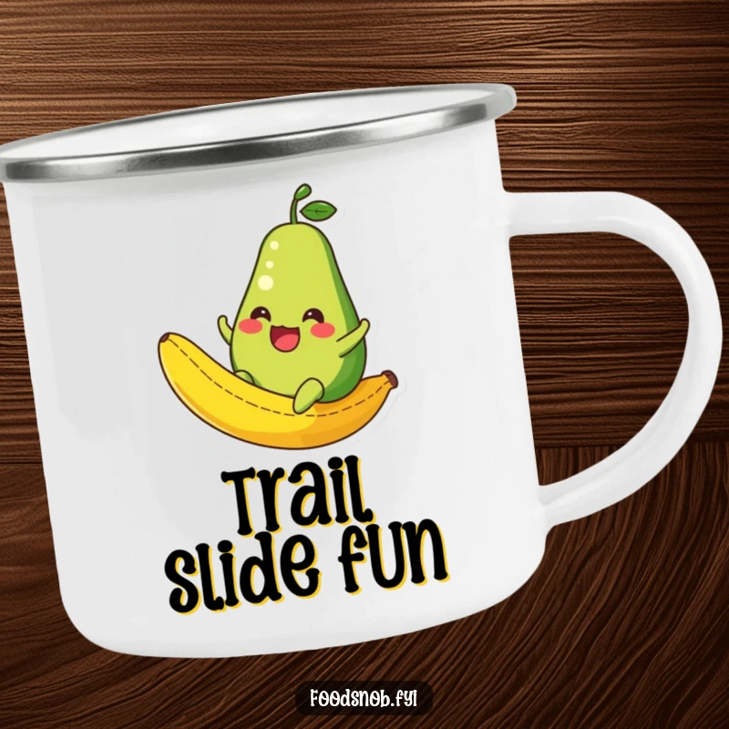 Funny Avocado Camping Mug: An enamel mug featuring a happy avocado character sliding down a banana peel, ideal for outdoor humor.