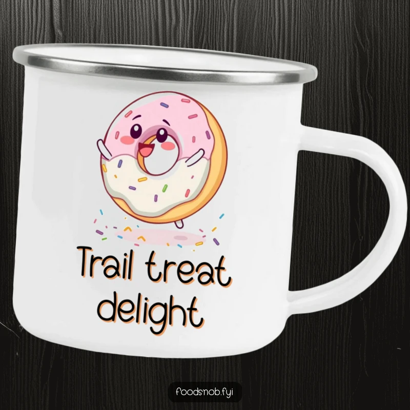 Funny delighted donut character spinning on sprinkles on a rugged camping mug, perfect for outdoor fun.