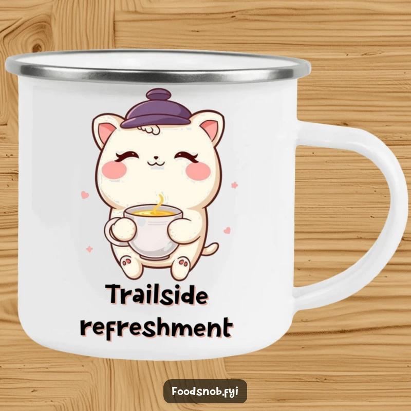 Funny smiling boba tea character winking with a miniature teacup on a durable camping mug.