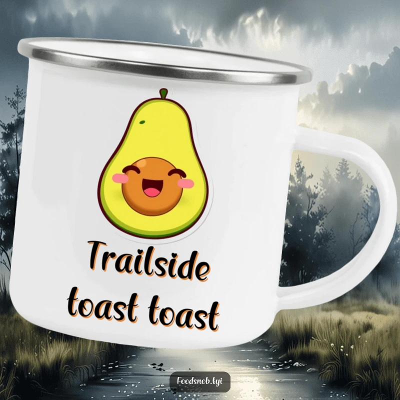 Funny enamel camping mug with a smiling avocado character, pit as face, splitting open with pure glee, for outdoor fun.
