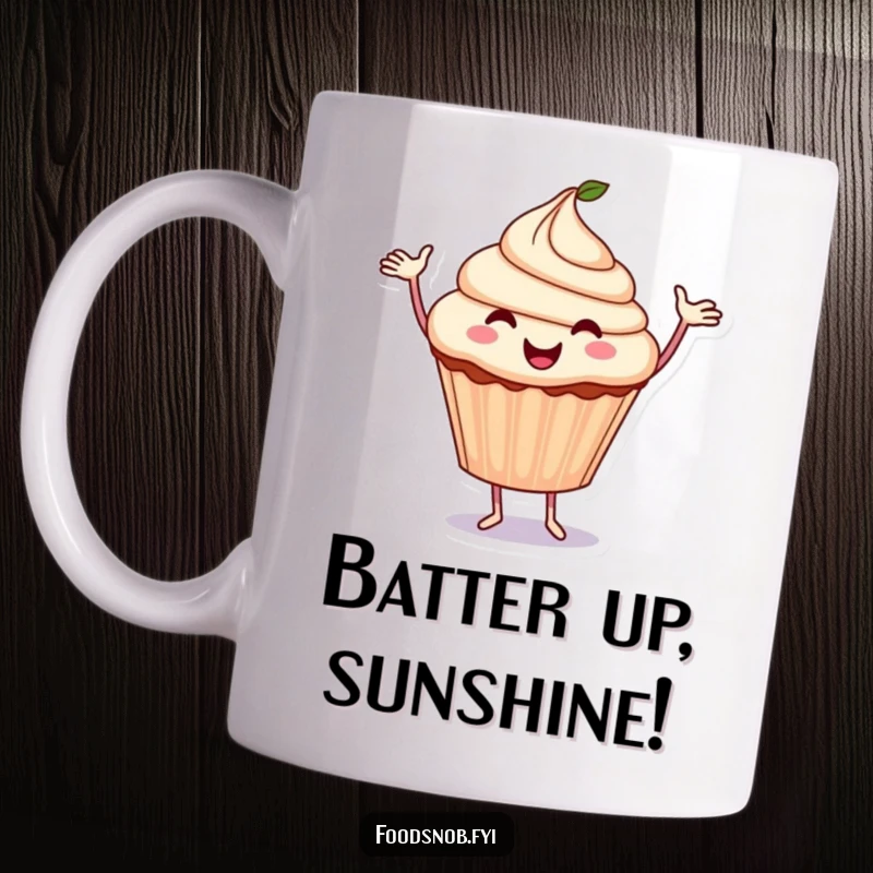 Funny Cupcake Mug: A smiling cupcake with arms joyfully dances, spreading happiness and sweetness.