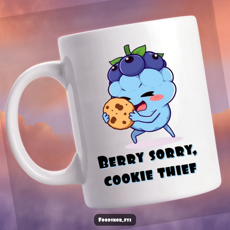 Funny mug with a mischievous blueberry character caught red-handed stealing a tasty cookie, perfect for a humorous gift.