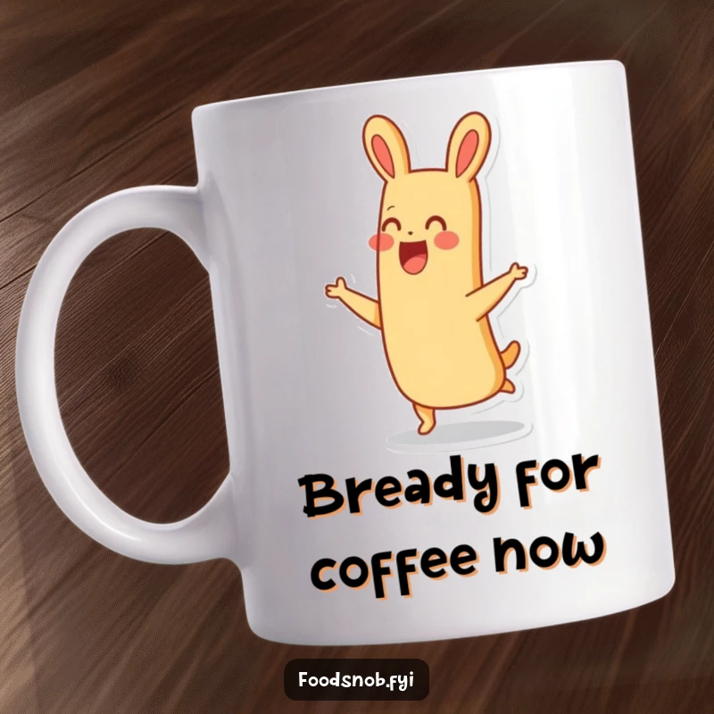 Funny thrilled baguette character caught mid-hop with a huge smile, radiating pure joy on this humorous mug.
