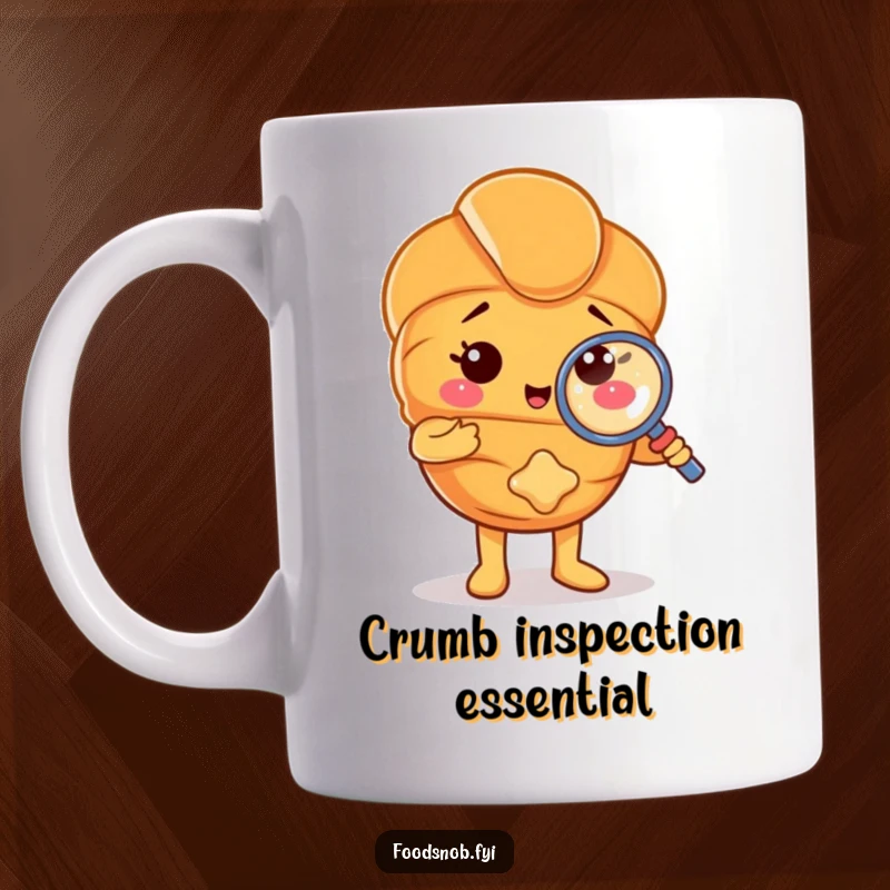 Funny mug with a proud croissant character using a tiny magnifying glass to examine a small crumb. A humorous pastry investigation scene.