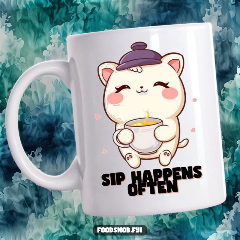 Funny smiling boba tea character winking mischievously while holding a miniature teacup on a mug.