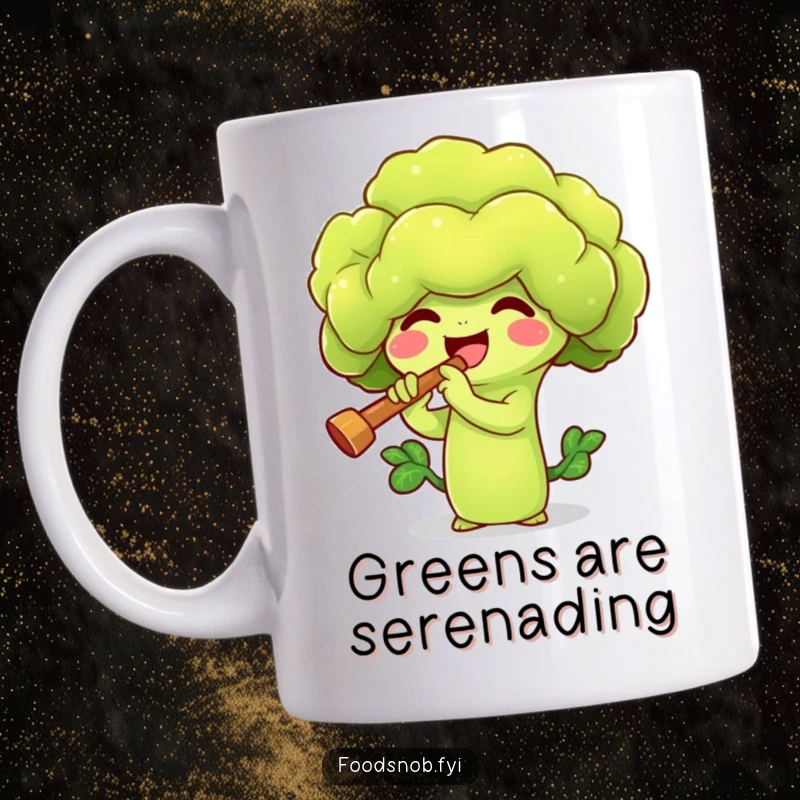 Funny mug featuring a vibrant broccoli sprout character joyfully playing a tiny flute. A humorous and musical veggie design.