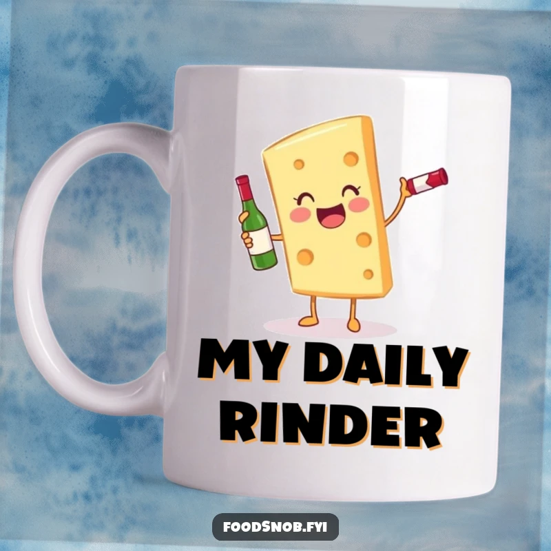 Funny cheese slice character gleefully balancing a miniature wine bottle on a coffee mug, perfect for wine lovers.