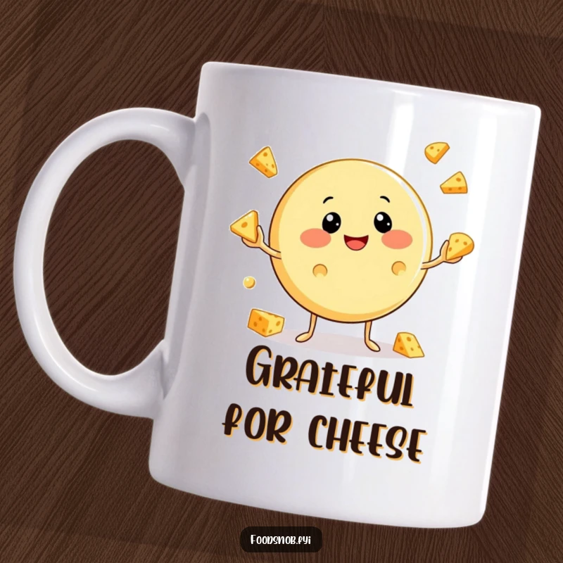 Funny Cheese Mug: A round, smiling cheese character happily juggling smaller cheese wedges, a comedic kitchenware item.